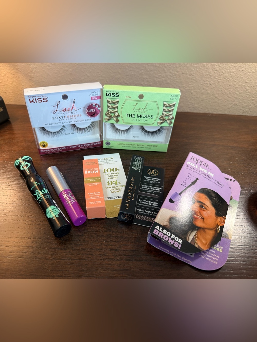 Lot of lashes, mascara, and brow products